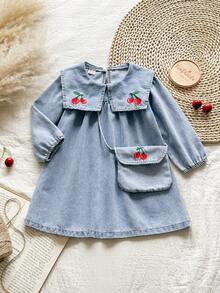 Vintaside Kids Vestido vaquero de manga larga con gran cuello bordado para niñas pequeñas, estilo occidental de primavera y otoño, diseño sencillo y lavado, adecuado para clima templado, muy apropiado para mantener cálida a la bebé en los meses frescos. El diseño es práctico y a la moda, apto para el uso diario. - Lavado ligero - Ver 4