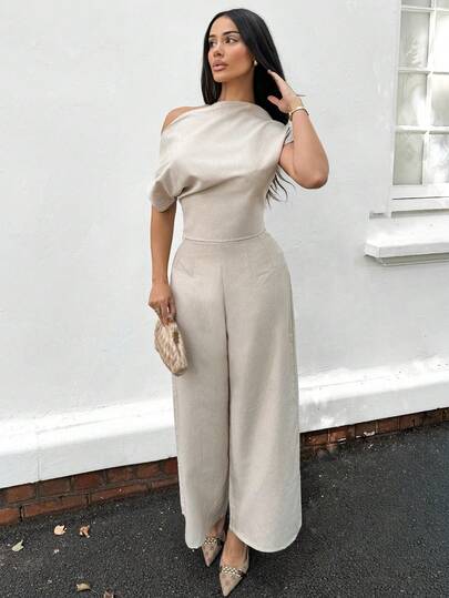 Shopreo 女装夏季新款简约优雅日常休闲通勤宽领露肩上衣阔腿裤套装