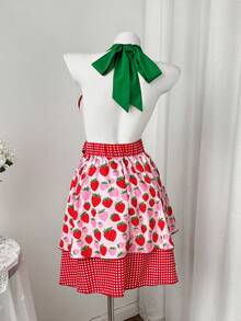 Sweetra Vestido de sirvienta lindo con parches de cuadros rojos y verdes en talla grande - Multicolor - Ver 2