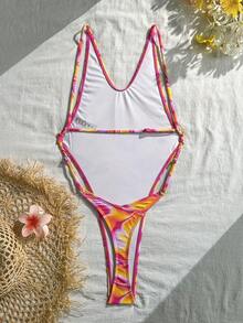 SHEIN Swim 女士露背系带性感随机印花连体泳衣 - 彩色 - 查看 3