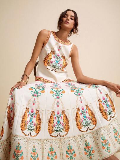 LOTSLUV 女士春夏圆领短袖虎纹印花背心和迷你裙两件套