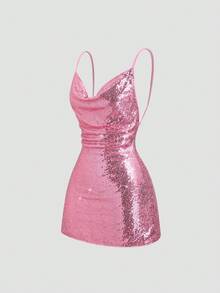 Sweetra 女士夏季粉色亮片腰部镂空不对称蝴蝶结露背A字甜美度假风迷你荷叶边吊带连衣裙 - 粉色 - 查看 1