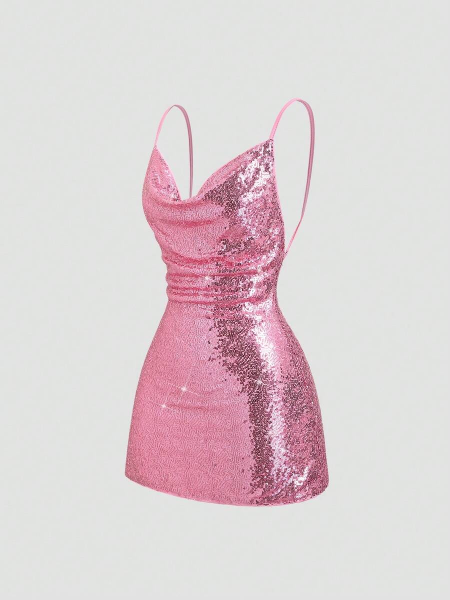 Sweetra 女士夏季粉色亮片腰部镂空不对称蝴蝶结露背A字甜美度假风迷你荷叶边吊带连衣裙 - 粉色 - 查看 1
