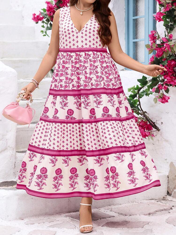 Plus Size Women's Summer Casual Vacation Country  Elegant Pink Floral Print V-Neck Sleeveless Dress,Summer Vacation,Casual Holiday Style,Summer Outfits For Women ,Vacation Outfits Women ,Holiday Outfits For Women,Going Out Outfits,New Clothes,Simple And Fashionable For Everyday Wear,Suitable For Summer, Vacation, Daily Wear, Festival Outfits For Women,Country Concert Outfit,Beach Outfits For Women,Western Style,Flowy Dress,Gifts For Mother,Boho Dress