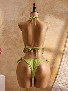 Bellisia 女士夏季沙滩纯色性感吊带系带比基尼泳衣套装 - 芥末黃 - 查看 2