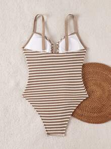 Swim Vcay 2026 Spring/Summer Adjustable Thick Strap U-Shaped Metal Decor One-Piece Swimsuit, Sweet & Fitted For Women - Brown - View 4
