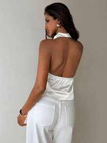 Aloruh Blusa de mujer de unicolor con cuello halter y espalda descubierta, versátil para uso diario - Blanco - Ver 2