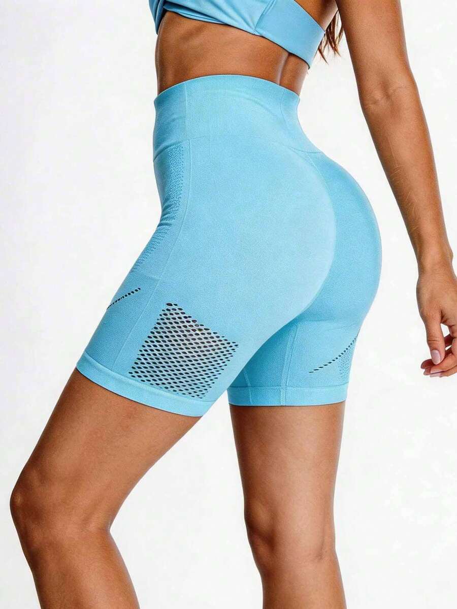 SHEIN Sovereign Charm Pantalones cortos de ciclista de cintura alta sin costuras de color azul claro para mujer, pantalones cortos deportivos elásticos con detalles de malla transpirable, ropa deportiva ajustada para yoga y gimnasio, pantalones cortos de gimnasio con control del abdomen, pantalones cortos sin costuras para mujer, pantalones cortos de gimnasio de cintura alta para mujer - Azul - Ver 1