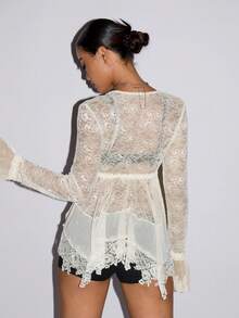 SHEIN ICON 女士优雅性感纯色蕾丝拼接不对称下摆上衣 - 米色 - 查看 2