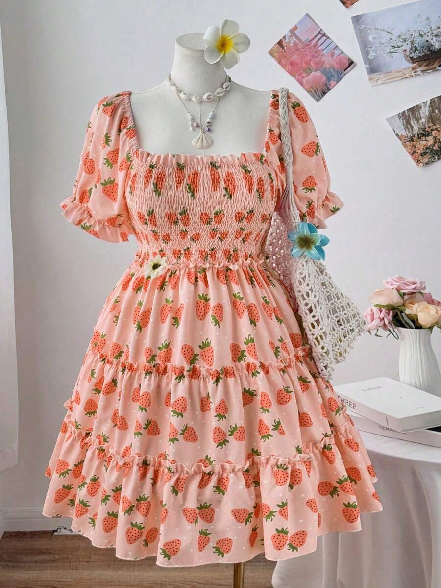 Sweetra 大码菱形领褶皱草莓印花拼接短袖女式连衣裙 - 彩色 - 查看 1