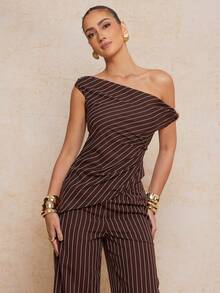Lumalex 女士夏季时尚条纹不对称上衣和裤子两件套 - 咖啡棕 - 查看 6