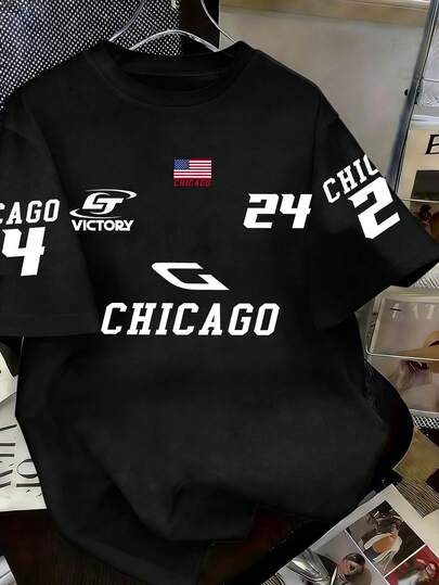 春夏男童休闲时尚创意个性清新简约风24号国旗徽章芝加哥标语印花休闲基础款短袖T恤，舒适日常穿着