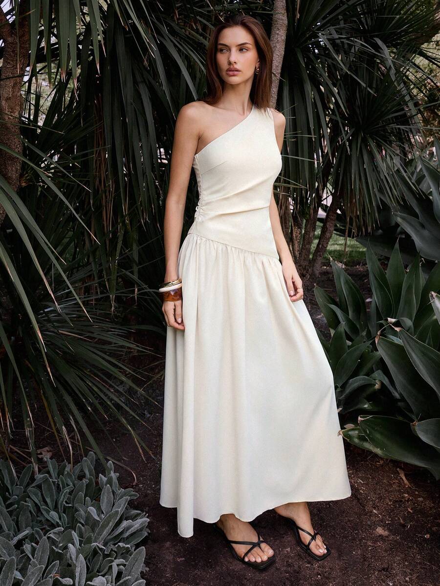 Maija White Asymmetric-Shoulder Drawstring Loose A-Line Dress For Women  Work Outfits For Women Summer Ivory Dress Asymmetrical Dress One Shoulder Dress Elegant Dress Cream Dress - White - View 1