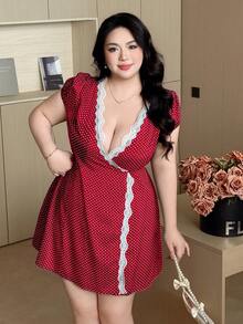 Vibekara Đầm mini nữ kiểu Pháp cổ điển mùa xuân/hè mới, cổ chữ V, ren xếp ly, in chấm bi, dáng rộng, thoải mái, thích hợp cho đi chơi phố hoặc du lịch. - Đỏ - Xem 6
