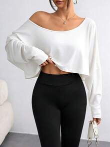 Elenzga Áo thun nữ cỡ lớn tay dài cổ lệch, dáng ngắn, màu trơn, thích hợp cho mùa xuân và mùa thu. - trắng - Xem 5