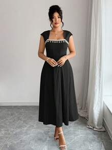 Elenzga Vestido casual de playa/verano de talla grande para mujer, de 1 pieza, con textura de lino sintético, con decoración de borlas y corte evasé - Negro - Ver 4