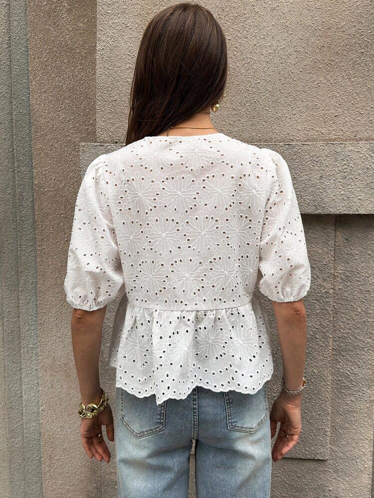 Solivie Women's Vacation Casual Solid Color Hollow Embroidery Lace-Up Shirt  Summer Vacation Outfits Women Going Out Outfits - White - View 2