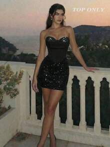 SHEIN MOD Women's Sequin Bandeau Sexy Versatile Date Night Tube Top - Black - View 1