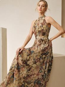 Anewsta Lightweight Flowy V-Neck Cold-Shoulder Tie-Up Sleeveless Loose Casual Dress For Women, Spring/Summer - Multicolor - View 6