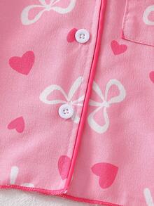 Conjunto de pijama para bebé niña con cardigan de cuello con lazo en forma de corazón, de manga corta y pantalones - Rosa - Ver 6