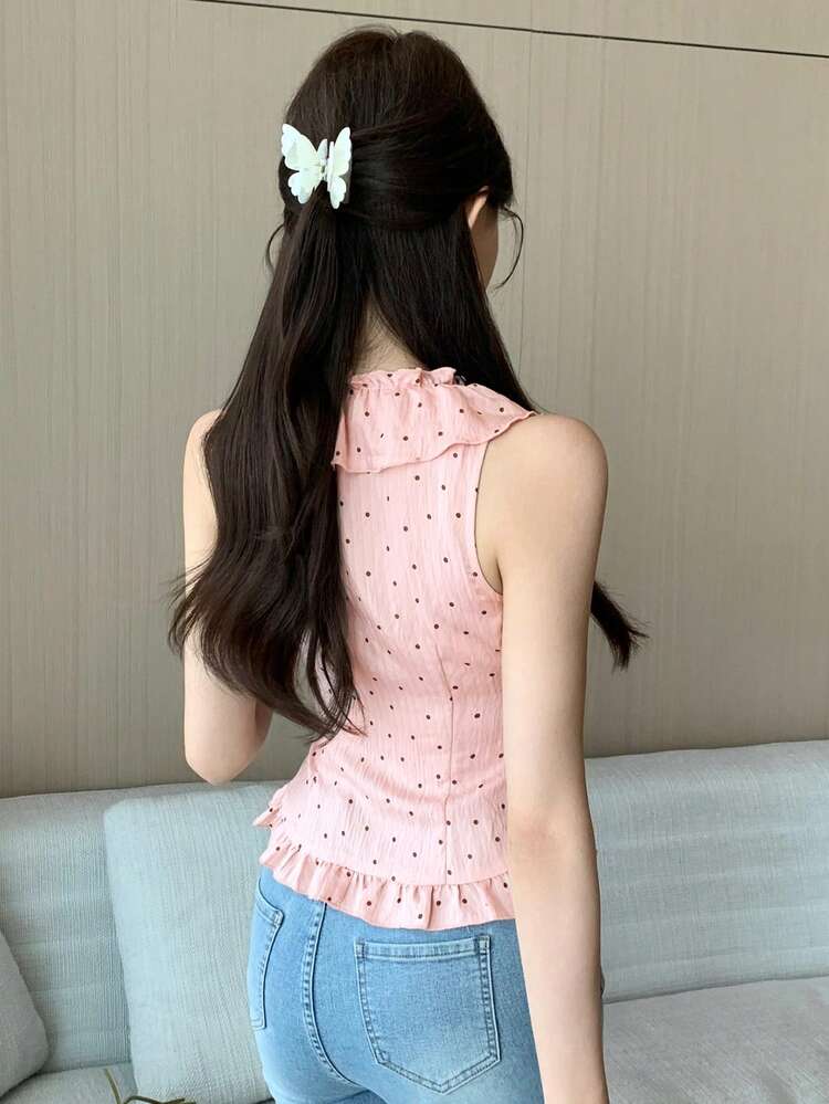 Spring & Summer Polka Dot Lace Blouse, Pink, Fashionable For Valentine's Day, Wedding, Party, Formal Occasion, Elegant Sleeveless Ruffle Trim Vest Cardigan Short Sleeve Shirt For Women