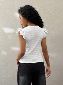 少女夏季休闲度假家居拼接刺绣蕾丝边针织修身短款T恤，白色 - 白色 - 查看 3