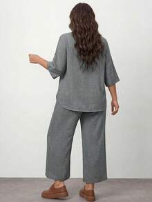 SHEIN Unity 2pcs Plus Size Women Summer Solid Crew Neck Cuffed Sleeve Shirt And Wide Leg Pants Casual Suit, For Apple And Rounded Body Shape - Light Grey - View 2