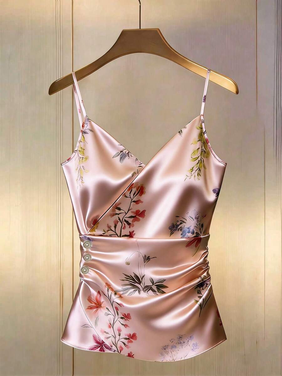 GlowEve Best-Selling Floral Print Vacation Camisole With Ruched Waist Detail, Slimming White Satin Summer Tank Top - Pink - View 1