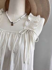 Franclia Đầm midi xẻ tà dáng rộng thoải mái cho nữ mùa xuân và hè, thắt nơ, dây mảnh, viền bèo nhún. - Màu be - Xem 6