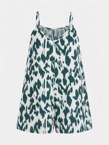 SHEIN Bộ jumpsuit họa tiết da báo dáng rộng, thời trang thường ngày cho bé gái tuổi teen, thích hợp đi nghỉ mát. - màu xanh lá - Xem 3