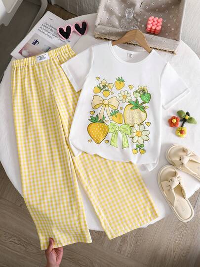 Sparklyn Tween Girl Strawberry Bow Print Round Neck Short Sleeve T-Shirt And Plaid Wide Leg Pants Casual Daily Outfit