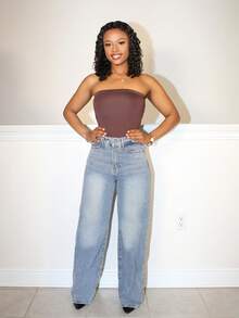 Steph T Pantalones vaqueros para mujer de pierna ancha y ajuste holgado con bolsillos para uso diario - Azul lavado oscuro - Ver 6