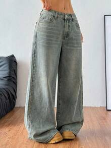 Coolane Women's Summer/Spring Casual Going Out Loose Fit Pockets Denim Wide Leg Blue Pants - Light Wash - View 2