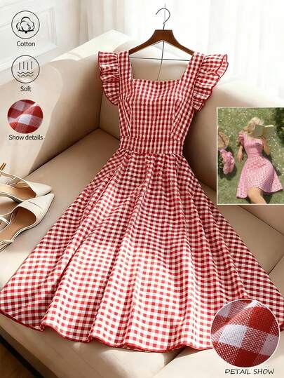 GlowEve Women's Flare Sleeve Red And White Plaid Pattern Bow Tie Back Design A-Line Waist Flattering Elegant Everyday Casual Vacation Picnic Party Commute Fashion Date French Street Retro Versatile Spring Summer Midi Dress