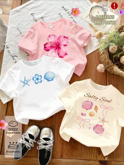 Set de 3 camisetas de manga corta con estampados de flores, estrellas de mar y conchas, de estilo casual y elegante, con diseños minimalistas y frescos, para niñas recién nacidas, en colores blanco, rosa y beige, cómodas para el uso diario, adecuadas para primavera, verano y otoño