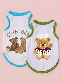 PETSIN 2 件装宠物猫狗通用可爱小熊字母印花休闲舒适透气狗背心 - 彩色 - 查看 1