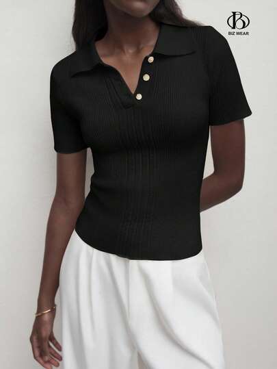 BizChic Women's Knitted Sweater, Elegant Collared Short Sleeve Knit Top, Versatile For Summer Wear, Suitable For Easter, St. Patrick's Day, Commuting, Daily, Casual, Romantic 90s Retro, Party Dress, Spring Break, Beach, Graduation, Holiday, Wedding Guest, Bridesmaid, Hostess, Outing, Social Occasions, Party, Concert, Graduation Ceremony, Brunch, Airport