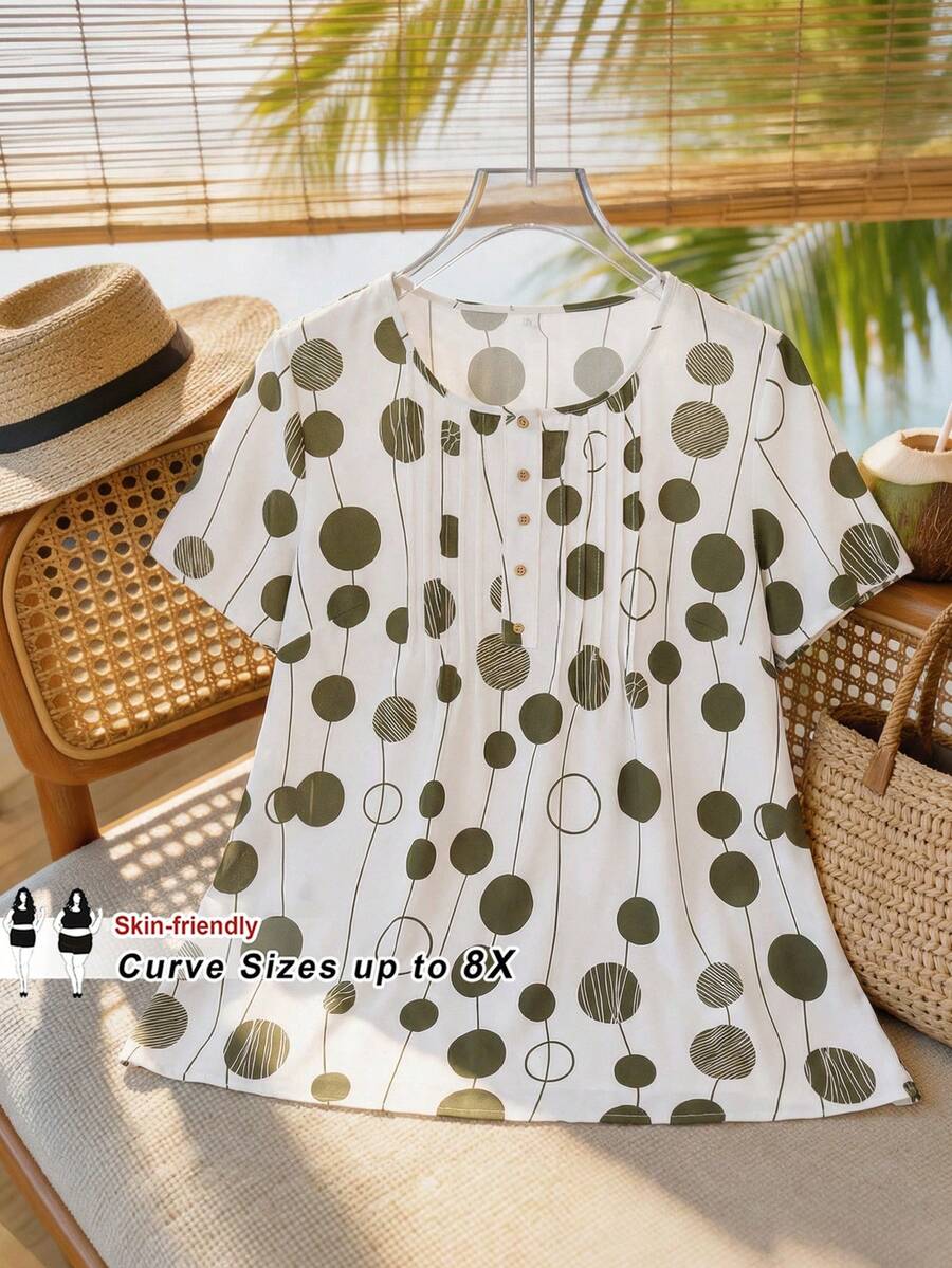 SHEIN CURVE+ Taille courbe US22 Femmes d'été Chemise à col rond à manches courtes imprimée de pois pour festival de musique, vacances au bord de , style bohème - Multicolore - Voir 1