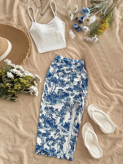 SHEIN Tween Girl Fitted Casual Minimalist Comfortable Jacquard Knit Camisole Top & Jacquard Slit A-Line Skirt Set, Suitable For Beach Vacation