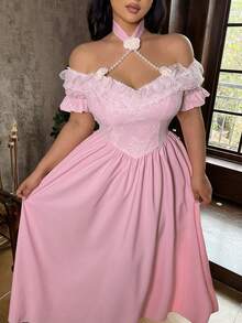 Lyrianda Plus Size Off-Shoulder Lace Patchwork Faux Pearl Chain Decor Floral Vintage Elegant Vacation Party Dress, Sweet Pink - Pink - View 4