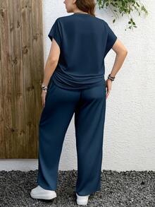 EMERY ROSE Casual Minimalist Peacock Blue Pattern Plus Size 2 Pieces Set, Suitable For Summer - Blue - View 2