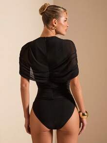 SHEIN BAE 女士黑色连体裤，适合日常约会、派对、优雅外出穿着，不对称连体裤，阔腿连体裤，情人节连体裤，日常连体裤，优雅连体裤 - 黑色 - 查看 2