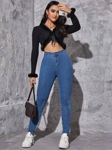 SHEIN Tall 女士休闲高腰弹力修身牛仔裤 - 藍色 - 查看 4