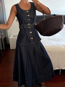 Livesso Conjunto de top sin mangas de algodón azul y falda vaquera para mujer - Azul - Ver 4