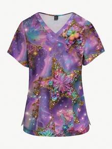PopScrub 3D立体星形印花梦幻紫蓝色V领短袖时尚女式工作服上衣，春夏款 - 彩色 - 查看 5