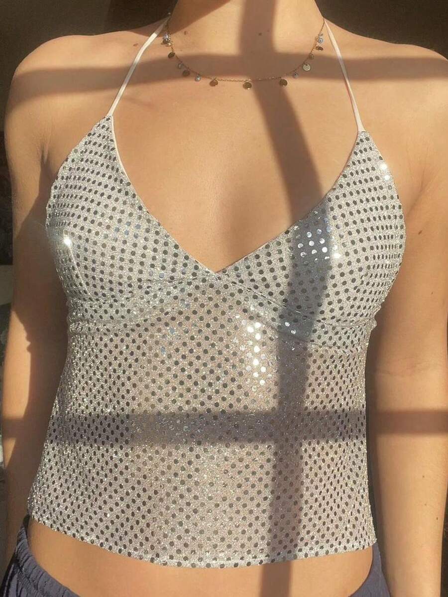 SHEIN Glamour Summer Vacation Women's White Sequin Decoration Hanging Neck Camisole Vest Sexy Backless Deep V-Neck Sleeveless Sparkling Vest, Suitable For Beach Clubs, Festival Nights, Stage Performances, Night Dates - White - View 1