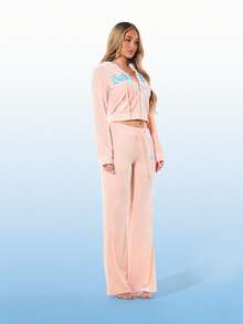 BABYPHAT 女士丝绒拉链连帽衫，哥特风格文字图案和天使翅膀设计，休闲舒适 - 淺粉色 - 查看 6