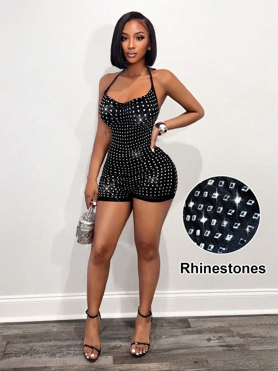 BamGleam Sexy Rhinestone-Embellished Low-Cut Micro Romper For Women - Black - View 1