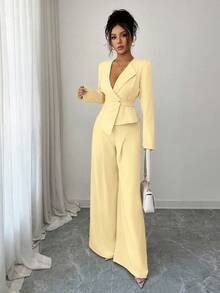 Elenzga 女款淡黃色兩件套，優雅V領收腰不對稱西裝，長袖上衣與寬腿長褲，適合秋冬半正式職場穿著 - 淡黃色 - 查看 3