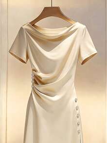 Lyxana Women's Spring/Summer Elegant Solid Color Satin Draped Neck Ruched Waist High Slit Dress - Khaki - View 3